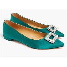 J Crew Factory Crystal Embellished Pointed-Toe Satin Flats | Sz 6 Green NEW! - £56.40 GBP