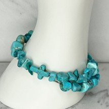 Faux Turquoise Cross Beaded Silver Tone Wire Wrap Bracelet - £5.52 GBP