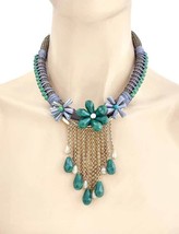 Bohemian Inspired Green & Gray Statement Flower Fringe Bib Necklace Earrings - £13.29 GBP