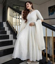 Anarkali Gown Women Kurti With Dupatta Wedding Party Wear White Chikan Kari Work - £40.45 GBP