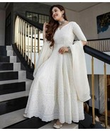 Anarkali Gown Women Kurti With Dupatta Wedding Party Wear White Chikan K... - £43.58 GBP