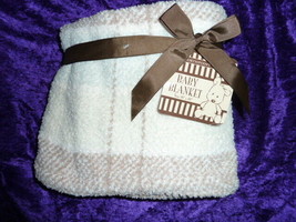 Northpoint Blue Brown Plaid Chenille Blanket White Baby Stripe Scottie Label - £38.82 GBP
