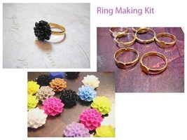 Ring Making Kit Ring Blanks Resin Flower Flatbacks Cabochons Makes 5 Rings - £5.41 GBP