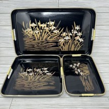 Srednick 3 Piece Japanese Lacquer Ware Black Floral with Gold Trim Tray Set - £27.62 GBP