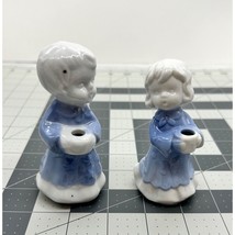 Set of Glazed Ceramic Girl and Boy Blue White Caroler Candle Holders - £10.46 GBP