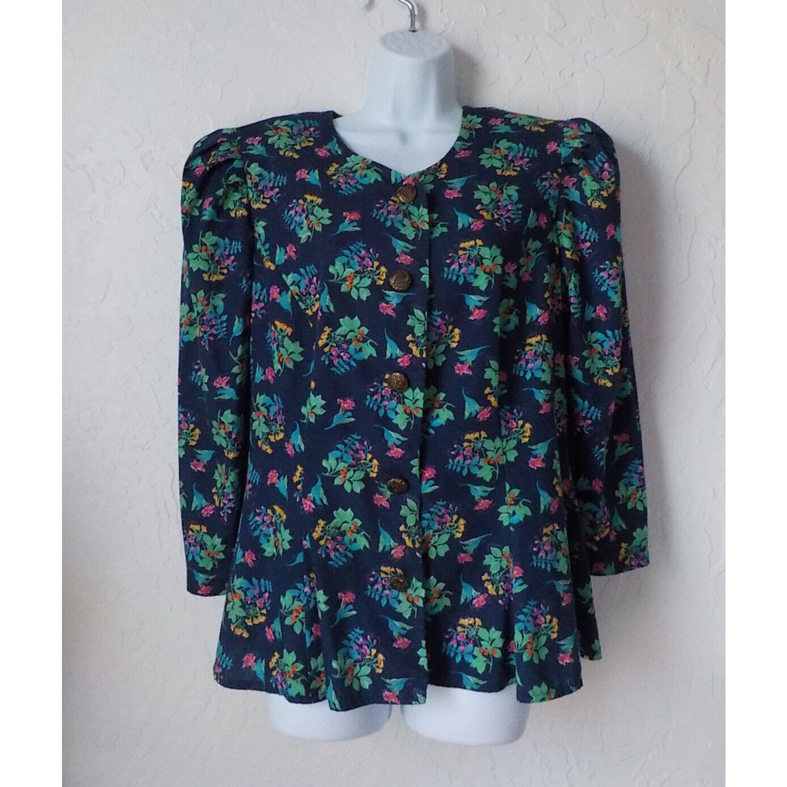 VTG 90s Size 14 RGY Blue Floral Prairie Blouse Button Up Peplum Hem Puff... - £18.56 GBP