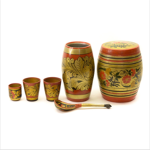 Khokhloma Set 2 Jar 3 Cups 1 Spoon Hand Painted Wood Russian USSR Soviet... - £30.90 GBP