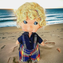 Vtg 1960s Herman Pecker 9&quot; Doll with Ball Jointed Head, Blond Hair Plaid overall - £15.14 GBP