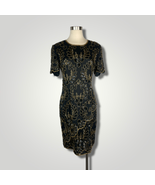 Vintage Dress 1980s St&#39;enay Silk Beaded Dress Black Gold Short Slv Knee ... - £57.34 GBP