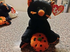 Ty Beanie babies SUPERSTITION The Black Halloween Cat With Orange Pumpkin  - £13.31 GBP