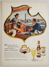 1956 Print Ad Falstaff Beer in Cans &amp; Bottles Happy Couple on Boat - $15.28