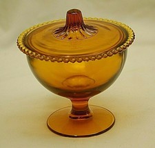 Amber Indiana Glass Footed Candy Dish with Beaded Lid Vintage MCM - £20.96 GBP