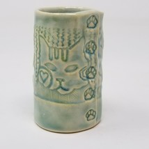 Hand Made Stoneware Pottery Cup With Cats Hearts &amp; Paw Prints Signed by KH - £12.34 GBP