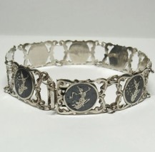 Vintage Sterling Silver SIAM Black Enamel Nielloware Filigree 7&quot; Bracelet 14.8g - £33.23 GBP