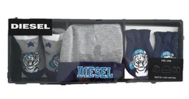 Diesel Baby Boy 3-PACK Gift Set Cap - Mittens &amp; Bootie Heather Grey / Blue 0-6M - £46.08 GBP