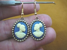 (CAE1-18) Rare African American Lady Blue + Ivory Cameo Dangle Earrings Jewelry - £18.45 GBP