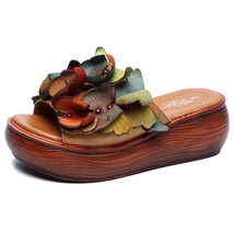 Summer Women Slippers New Genuine Leather Women Shoes Slides Floral Wedges Outsi - £63.21 GBP