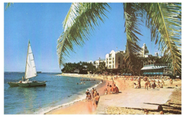 Waikiki Beach &amp; Royal Hawaiian Hotel Catamaran Palm Tree Hawaii TH Postcard - £5.48 GBP