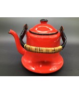 Vintage MCM Orange Black Enamelware Tea Kettle Teapot Baked Finish Displ... - $18.80