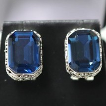 Simulated Blue Radiant Cut Sapphire Solitaire Earrings In Sterling Silver - £60.67 GBP