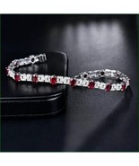 9.50Ct Oval Cut Lab Created Red Ruby Tennis Bracelet 14K White Gold Plated - $480.41 CAD