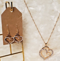 19-1/2&quot;- Gold Rhinestone Double Heart Pendant Necklace &amp; Earring Set - £2.77 GBP