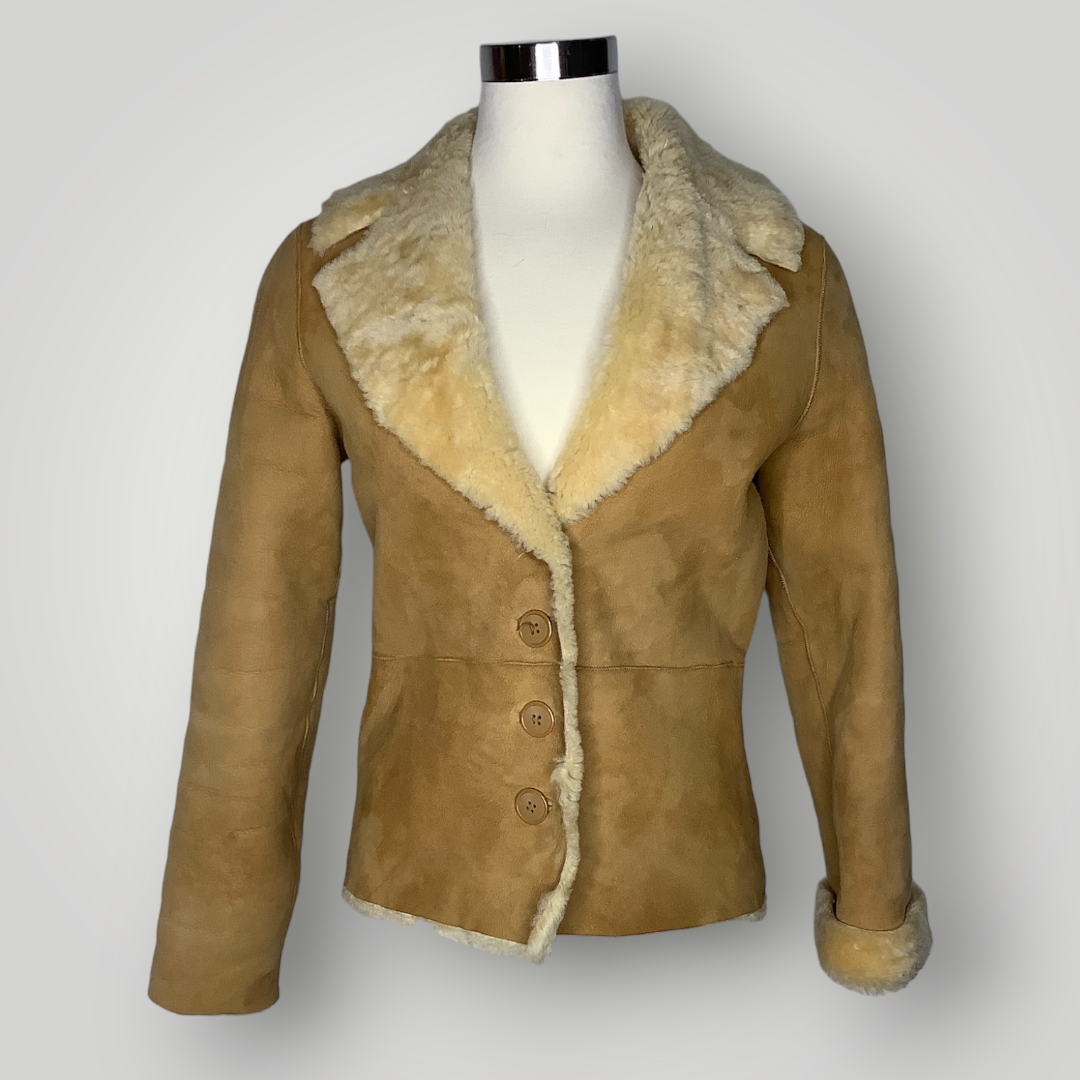 Primary image for Vintage Sheepskin Shearling Single Breasted Short Coat Brown Tan Women's Small