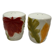 Fall Leaves Ceramic Salt and Pepper Shaker Pair Set Green Gold Red Stopper - £10.27 GBP