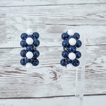 Vintage Clip On Earrings Blue &amp; White Large Beaded Half Hoops - £12.03 GBP