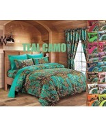 3 PC TEAL CAMO COMFORTER BED SPREAD KING CAMOUFLAGE BLUE GREEN HUNT WOODS - $74.20