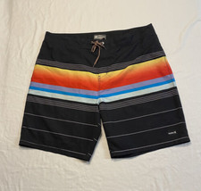 Hurley Board Shorts Black Colorful Stripes Mens 38 Beach Swim Bathing Suit  - $17.42
