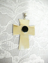 Cross W Black Onyx Round Gem Sterling Silver Pendant Adjustable Cord Necklace - £15.70 GBP