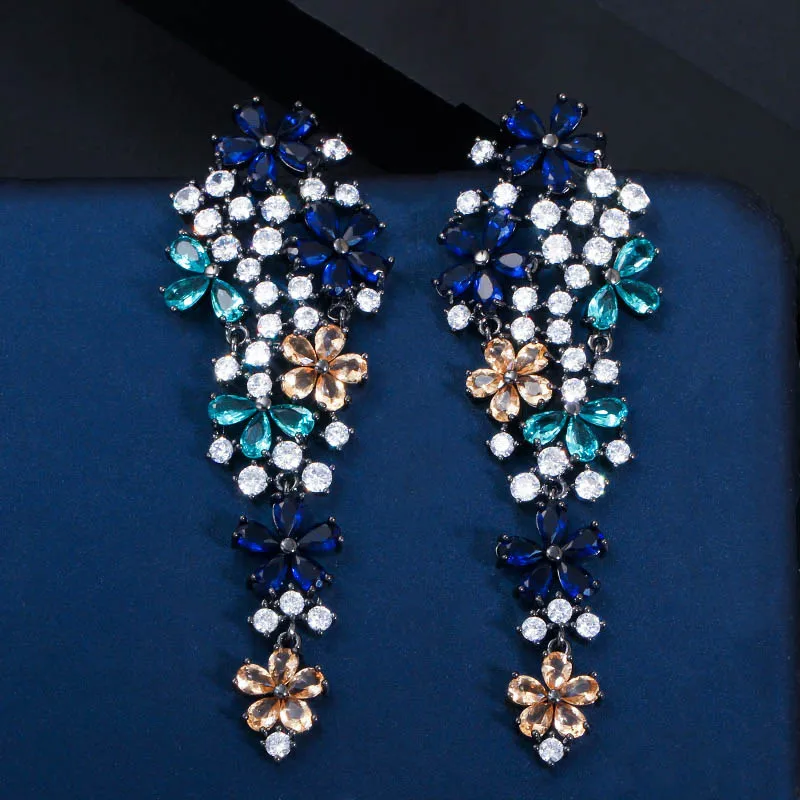 Long Drop Flower Multi Color Blue Cubic Zirconia Earrings for Women Fashion Stat - £21.43 GBP
