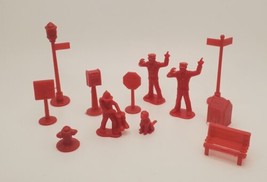 Vintage Plastic Red Miniature Figures Dog Police Officer Bench Mailbox Signs - £15.34 GBP