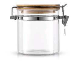 Joy Jolt ~ 19 Oz. ~ Clear Glass Storage Jar ~ Locking Wood Lid ~ Stainless Clamp - £17.64 GBP