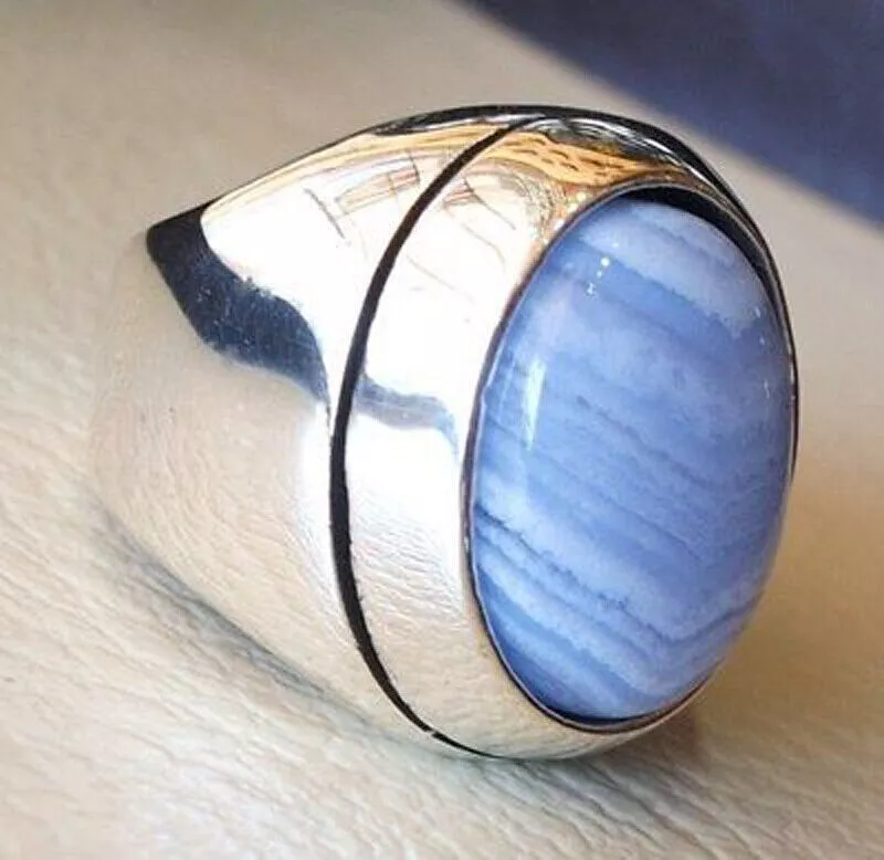 Natural Lace Agate Oval Gemstone in Solid 925 Silver Men&#39;s Ring, Officia... - $47.99+