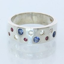 Red Ruby White Zircon Blue Sapphire Handmade 925 Style # 92 Band Ring size 7.25 - £66.84 GBP