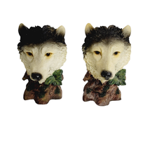 Resin Wolf Head Statue 2 Piece Set 6 Inch Woodland Bark Back Rustic Sout... - $27.72