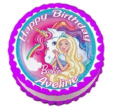 Barbie Unicorn Round Edible Cake Image Cake Topper Decoration - £7.98 GBP