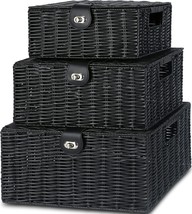 Honygebia Black Wicker Storage Basket - Woven Baskets With Lid &amp; Lock, S... - $47.99