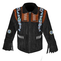 Western Cowboy Eagle Sings Black &amp; Brown Color Suede Leather Fringe Men Jackets - £142.22 GBP