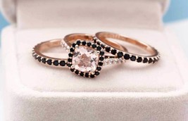 14K Rose Gold Over 2Ct Cushion Cut Peach Morganite Anniversary Trio Ring Set - £105.19 GBP