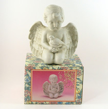 White Ceramic Cherub Angel Holding A Bird Nest Religious, Child, Pray 6&quot; Vtg - £10.41 GBP