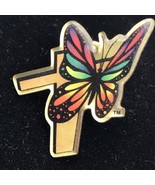 Rainbow Butterfly Cross Vintage Pin Gold Tone Christian Colorful Brooch - $9.95