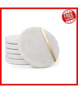 Artisan Made 6-Piece White Marble Coaster Set with Gold Brass Inlay - Lu... - $70.23 CAD