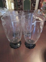 Etched 5 Tumbler Black Petal Base 5 1/2&quot; Wine OR Water GOBLETS Rare FINE Crystal - £58.50 GBP