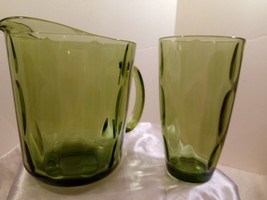Vintage Hazel Atlas Green Thumbprint Glass Pitcher &amp; 1 Matching Tea/Water Glass - £22.94 GBP