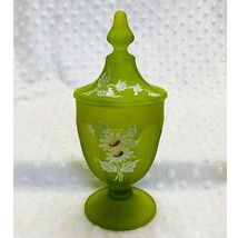Vintage Westmoreland Green Frosted Satin Glass, White Daisy Covered Candy Dish - £20.93 GBP