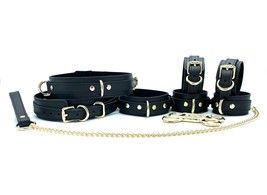 7 Piece Black Leather Tango Bondage Set with Gold Hardware, BDSM Fetish Wear Set - £334.73 GBP