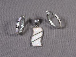 Sterling Silver Set White Opals w/ Fire, Inlay Pendant 1.5&quot; &amp; Hoop Earri... - £44.41 GBP